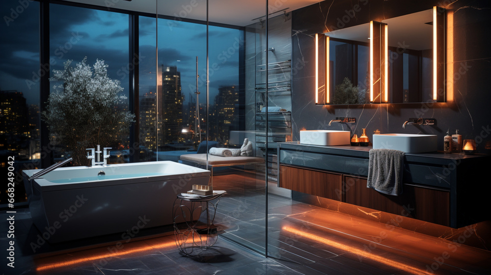 Interior Design of Elegant Bathroom, Luxury bathtub, Romantic Atmosphere,