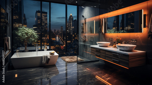 Interior Design of Elegant Bathroom, Luxury bathtub, Romantic Atmosphere,
