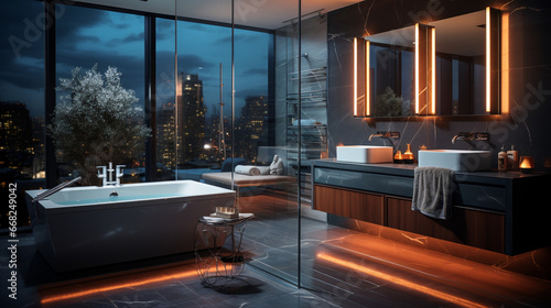 Interior Design of Elegant Bathroom, Luxury bathtub, Romantic Atmosphere,