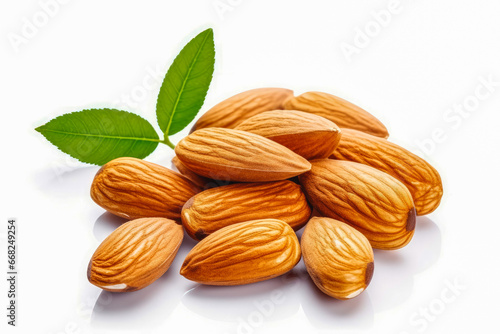 Almonds fresh healthy nuts on white plain background. Isolated on solid background.