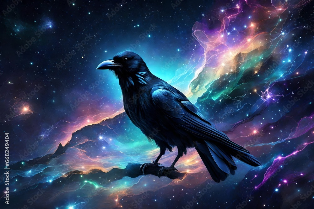 Create an enchanting portrayal of a cosmic raven shaped from luminous gases, adding an aura of mystery to the cosmic skies - obrazy, fototapety, plakaty 