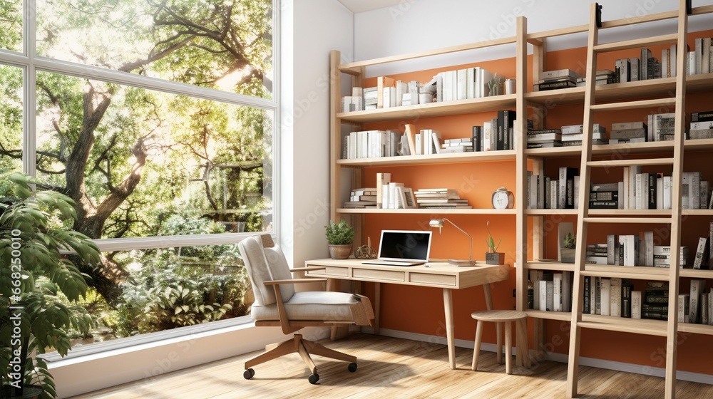 A minimal home office with view from window, wall-mounted desk, modern chair and a bookcase A minimal home office with view from window, wall-mounted desk, modern chair and a bookcase
