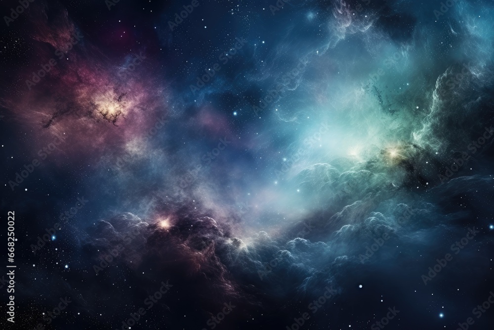 Nebula stardust wallpaper, blue, purple and magenta galaxy. Generative Ai