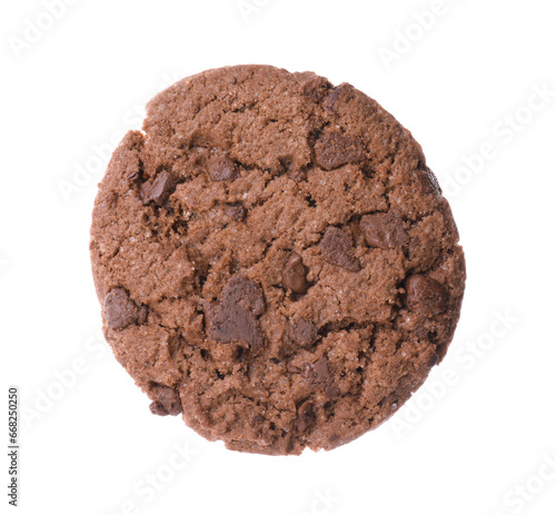 Tasty chip cookie with chocolate crumbs isolated on white