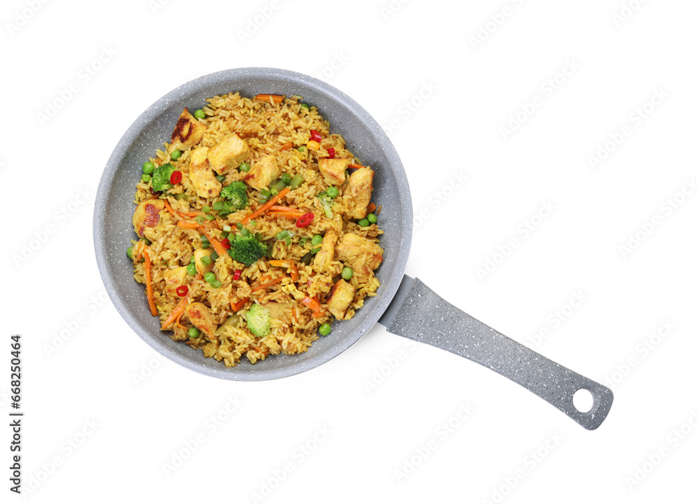 Tasty rice with meat and vegetables in frying pan isolated on white, top view