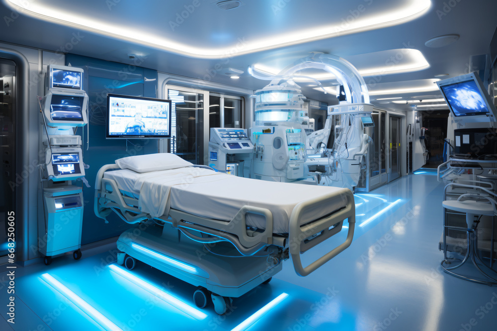 High complexity medical care room. Sanatorium of the future. High complexity surgery room. Concept: technology in health. - obrazy, fototapety, plakaty 