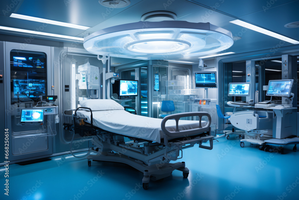 High complexity medical care room. Sanatorium of the future. High complexity surgery room. Concept: technology in health. High complexity medical care room. Sanatorium of the future. High complexity surgery room. Concept: technology in health.