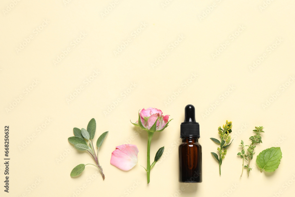 Bottle of essential oil, different herbs and rose flower on beige background, flat lay. Space for text