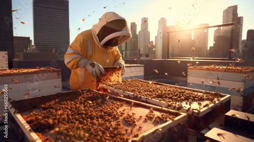 urban beekeeper tending to urban beekeeping photo
