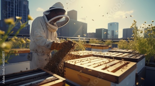 urban beekeeper tending to bees on rooftop © mattegg