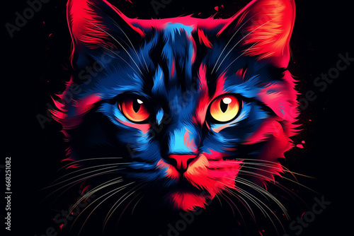 Portrait of a cat in 2d software, predominant colors red and blue