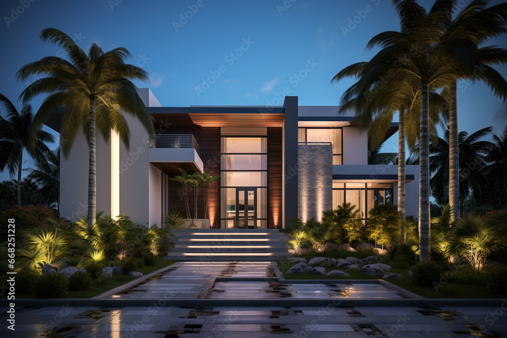 Part of a modern house with palm trees