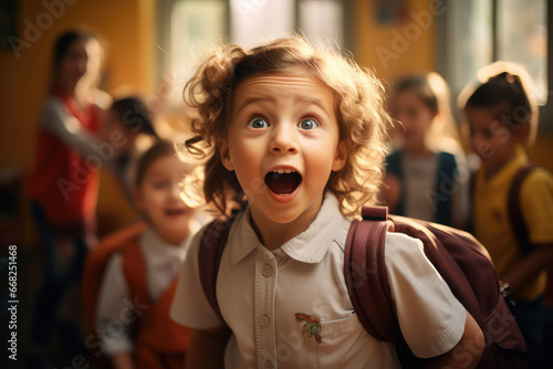 Back to school for the little ones! This image reflects the pure excitement of a young student's first day in kindergarten or preschool, where they embark on an educational adventure.