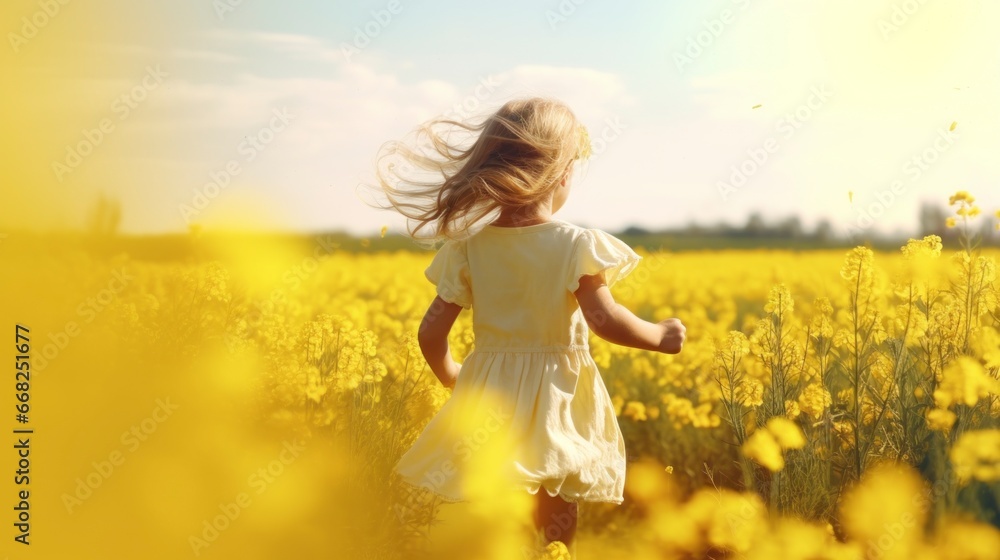 cute little girl in yellow dress running on a meadow with yellow flowers with a blue sunrise sky cute little girl in yellow dress running on a meadow with yellow flowers with a blue sunrise sky