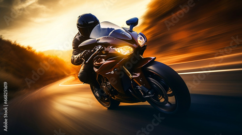 Sports motorcycle biker rider on blurred motion highway