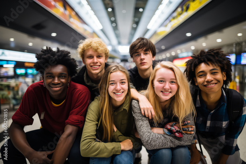 Photo of six diverse teenagers, at an airport terminal, summer