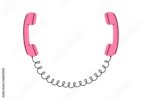 Hand drawn cute cartoon illustration of two retro phone handsets connected by wire. Flat vector old telephone receiver sticker in colored doodle style. Communication, dialogue icon or print. Isolated.