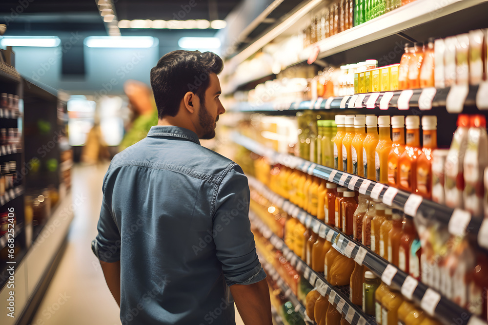 young adult Mexican man choosing a product in a grocery store. Neural network generated image. Not based on any actual person or scene.