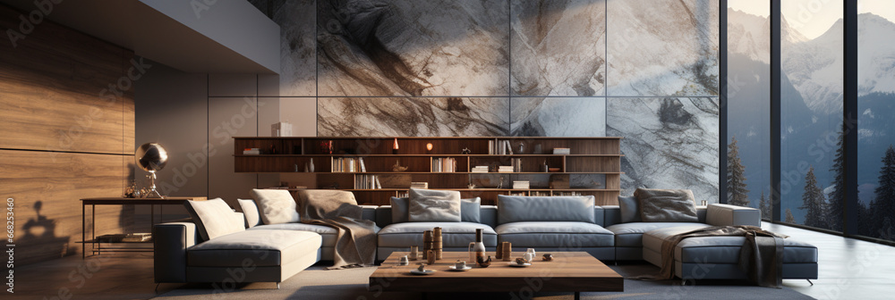 Interior design spacious villa, lobby, loft, apartment, Modern living room, trendy furniture in the living area, radiates a tranquil atmosphere Interior design spacious villa, lobby, loft, apartment, Modern living room, trendy furniture in the living area, radiates a tranquil atmosphere