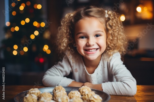 The Joyful Cookie Indulgence of a Delighted Little Girl. A little girl sitting at a table with a plate of freshly baked Christmas cookies