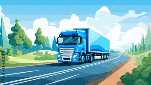 Truck on road vector flat illustration on blue background. Online cargo delivery service, logistics or tracking app concept.