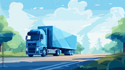 Truck on road vector flat illustration on blue background. Online cargo delivery service, logistics or tracking app concept.