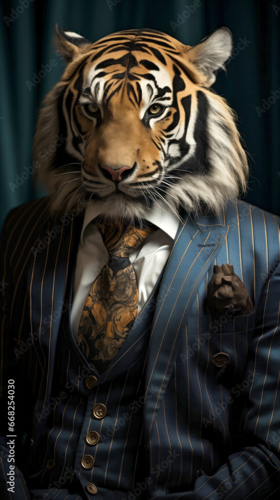 Tiger dressed in an elegant suit with a nice tie. Fashion portrait of an anthropomorphic animal, feline, posing with a charismatic human attitude