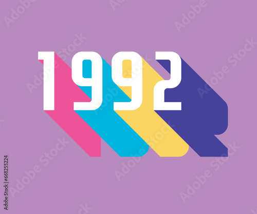 Colorful nineties lettering with colorful long shadow, retro and nostalgic color palette, 1992