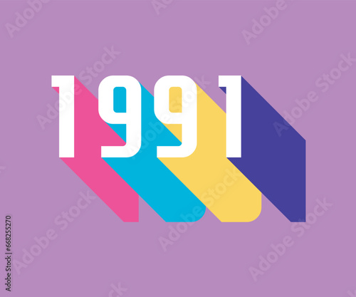 Colorful nineties lettering with colorful long shadow, retro and nostalgic color palette, 1991