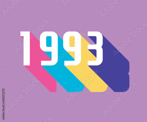 Colorful nineties lettering with colorful long shadow, retro and nostalgic color palette, 1993
