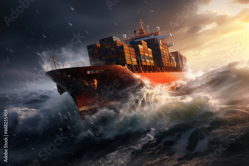 Container cargo ship on the sea with extremes storm. generative ai