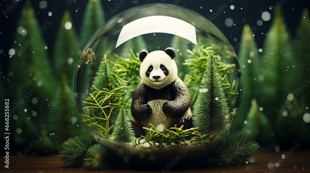 Christmas or New Year greeting card. Glass transparent ball panda inside with decorative Christmas trees around on snow covered moss with winter forest at background. Xmas holidays Christmas or New Year greeting card. Glass transparent ball panda inside with decorative Christmas trees around on snow covered moss with winter forest at background. Xmas holidays