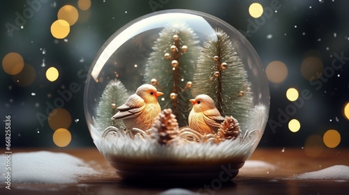 Christmas or New Year greeting card. Glass transparent ball golden pigeon inside with decorative Christmas trees around on snow covered moss with winter forest at background. Xmas holidays