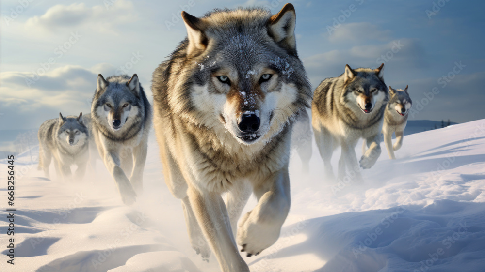 Three wolfs running on the snow in winter, 3d illustration