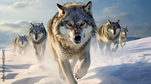Three wolfs running on the snow in winter  3d illustration