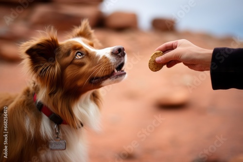 A dog being tempted by treats or food in a person's outstretched hand photo
