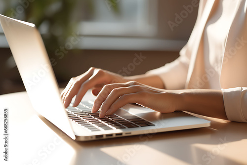 Retrato en primer plano escribiendo en el teclado de una computadora portátil. Trabajando en línea en una mesa blanca en la oficina.