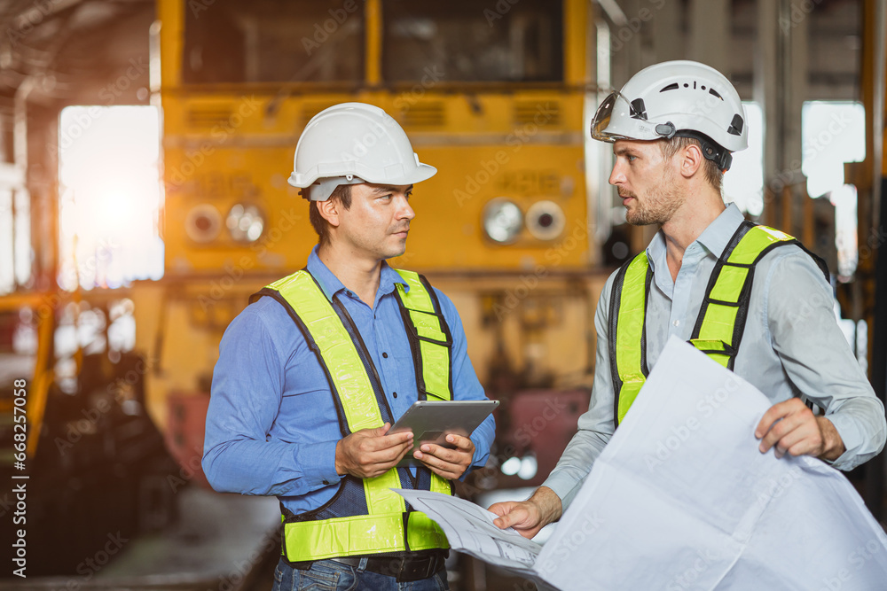 Engineer team smart young skill worker consulting supervisor working together with design floor plan in locomotive train depot workshop Engineer team smart young skill worker consulting supervisor working together with design floor plan in locomotive train depot workshop