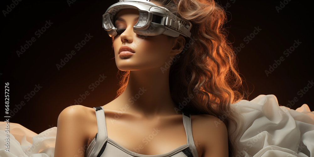 Naklejka premium Super sexy Model Frau mit Cyberspace Brille ganz entspannt mit futuristischen Hintergrund über den Wolken Nahaufnahme, ai generativ