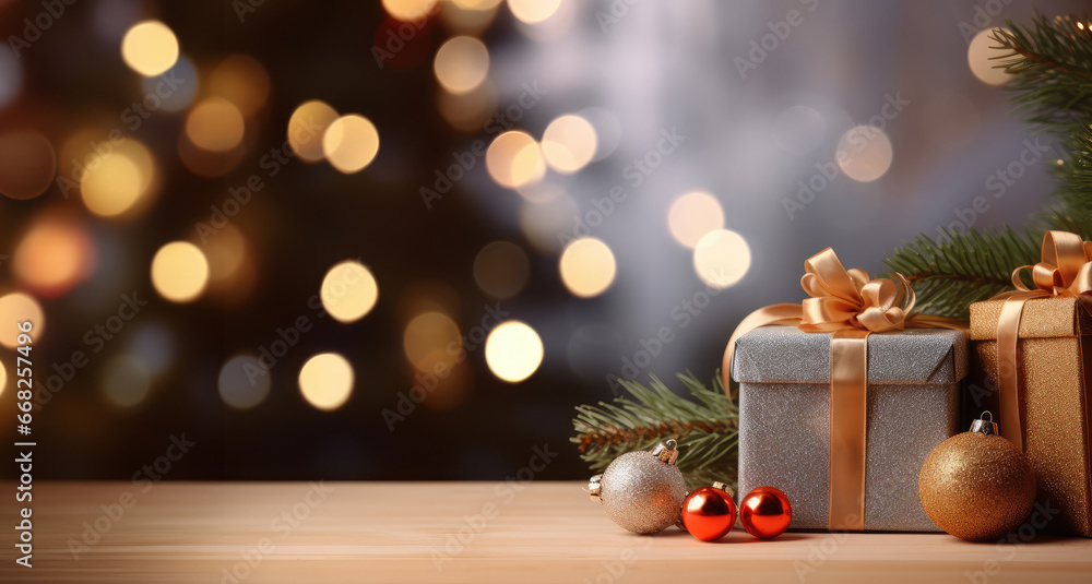 Gift boxes ornament a background bokeh of twinkling party lights decoration. New Year present. Christmas gift background with copyspace. Generative AI