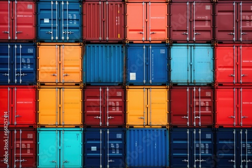 Close-up of containers stacked in the storage area of a shipping port.