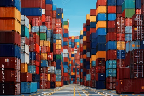 Close-up of containers stacked in the storage area of a shipping port.