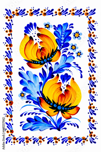 Flowers arrangement and frame. Watercolor illustration.