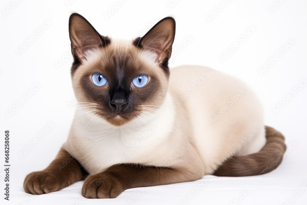 Photo of a graceful Burmese cat with its expressive eyes on a clean white sheet. Generative AI