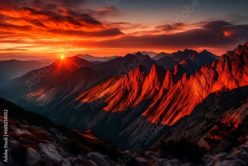 A mountain silhouette against a fiery sunset