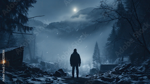 A man stands in a forest in winter under a full moon