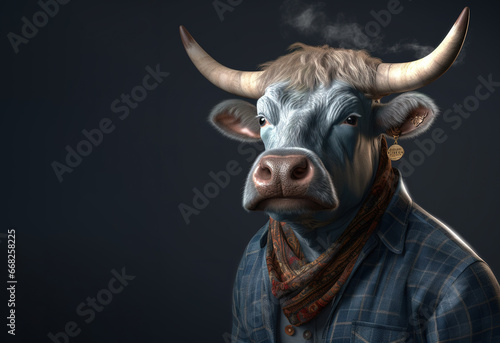 Image of of a bull dressed in denim shirt on clean background. Fashion, Wildlife Animals, Generative AI, Illustration. © yod67