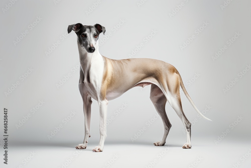 Photo of a graceful Greyhound in a sleek, elegant stance against a clean white background. Generative AI