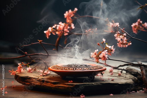 Elegant incense burner with swirling smoke amidst cherry blossoms on a wooden surface, creating a serene, meditative ambiance. photo