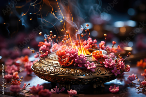 Elegant incense burner with blooming flowers and swirling smoke creates a serene, mystical ambiance for meditation or ritual.